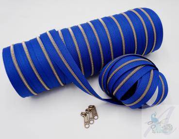 1m endlos Reißverschluss inkl. 3 Zippern - schmal metallisiert royalblau - altmessing
